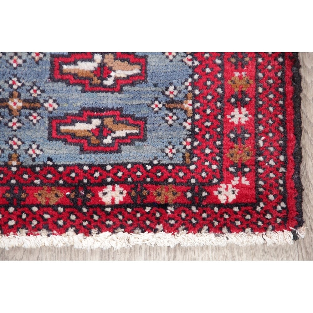 Light Blue Geometric Bokhara Oriental Wool Area Rug - 3' 5'' X 1' 6''