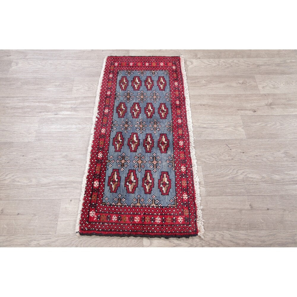 Light Blue Geometric Bokhara Oriental Wool Area Rug - 3' 5'' X 1' 6''