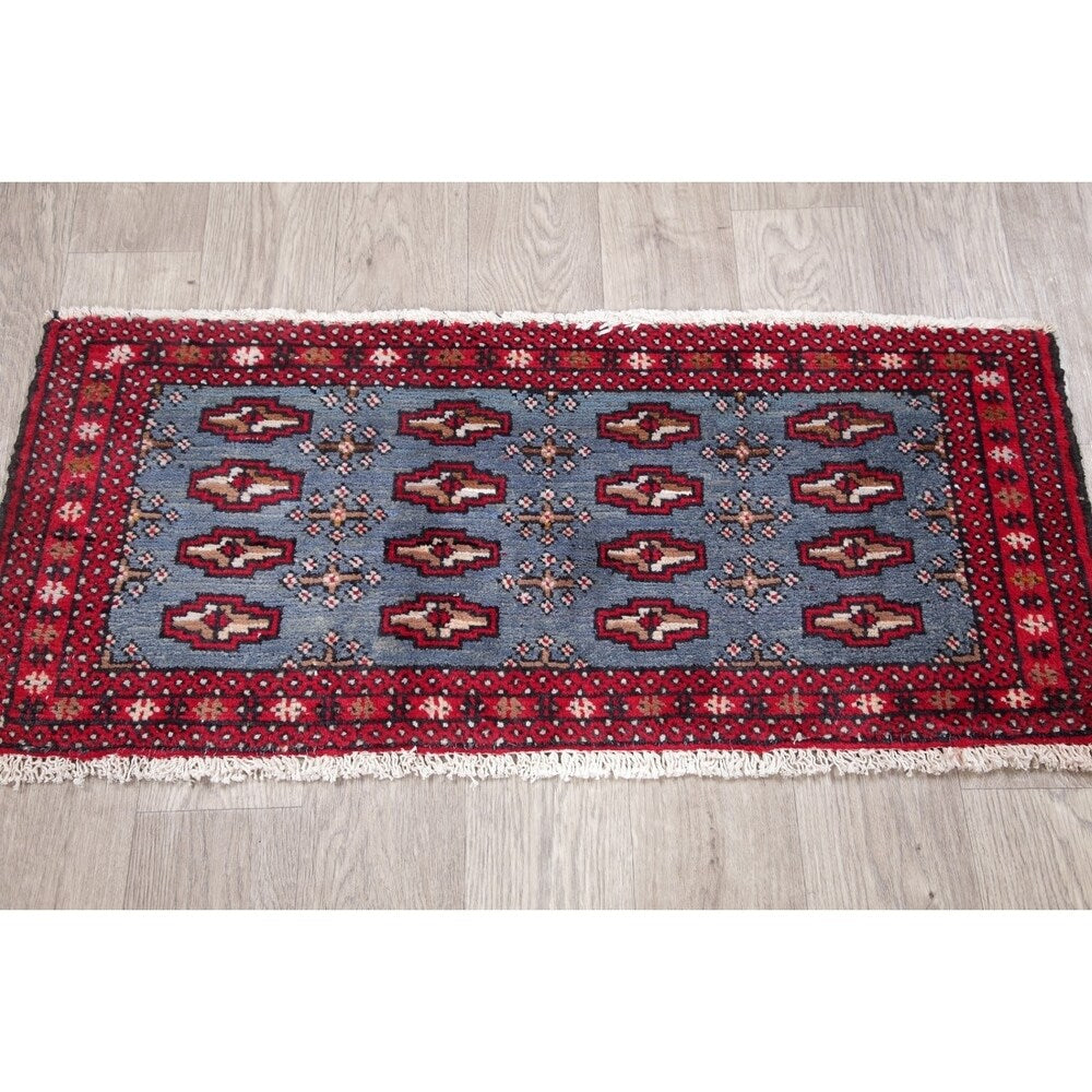Light Blue Geometric Bokhara Oriental Wool Area Rug - 3' 5'' X 1' 6''
