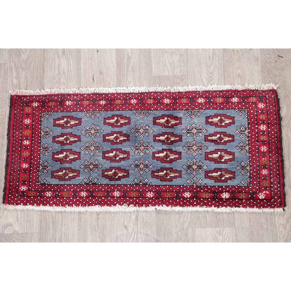 Light Blue Geometric Bokhara Oriental Wool Area Rug - 3' 5'' X 1' 6''
