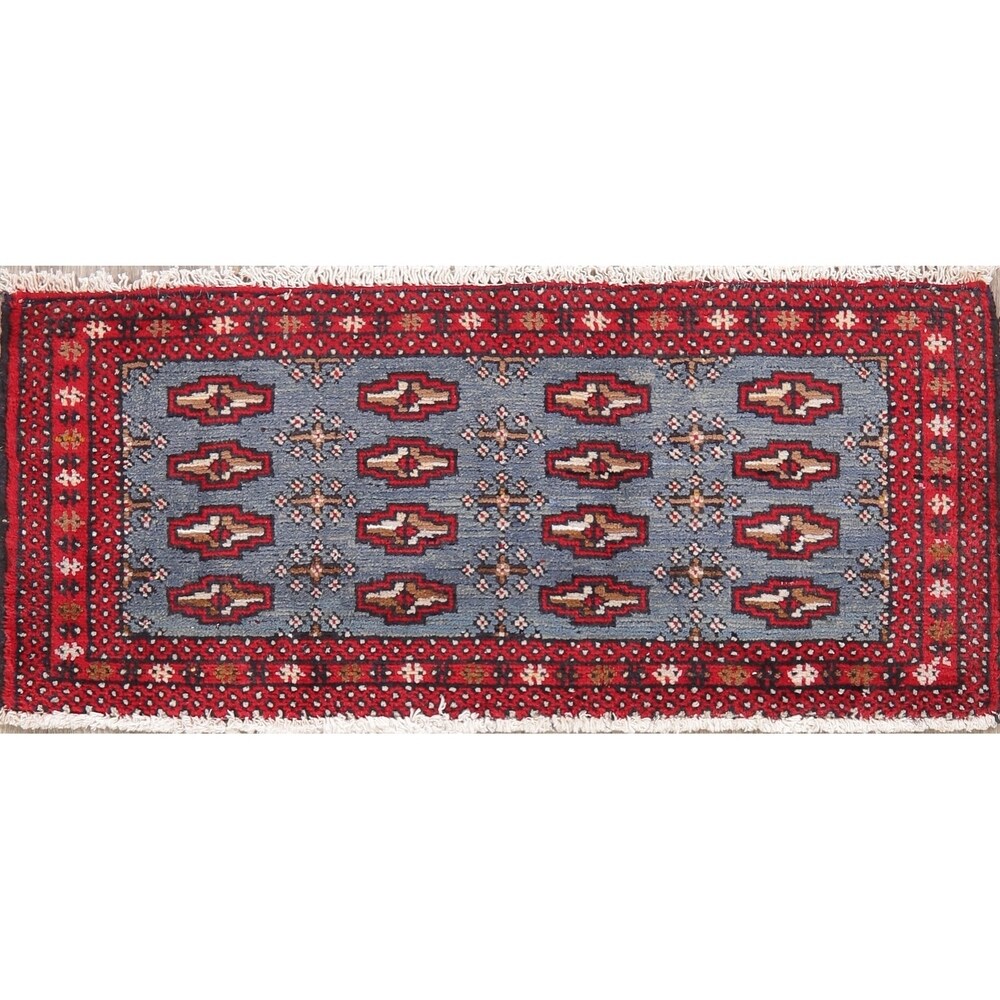 Light Blue Geometric Bokhara Oriental Wool Area Rug - 3' 5'' X 1' 6''