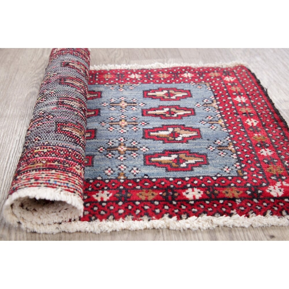 Light Blue Geometric Bokhara Oriental Wool Area Rug - 3' 5'' X 1' 6''