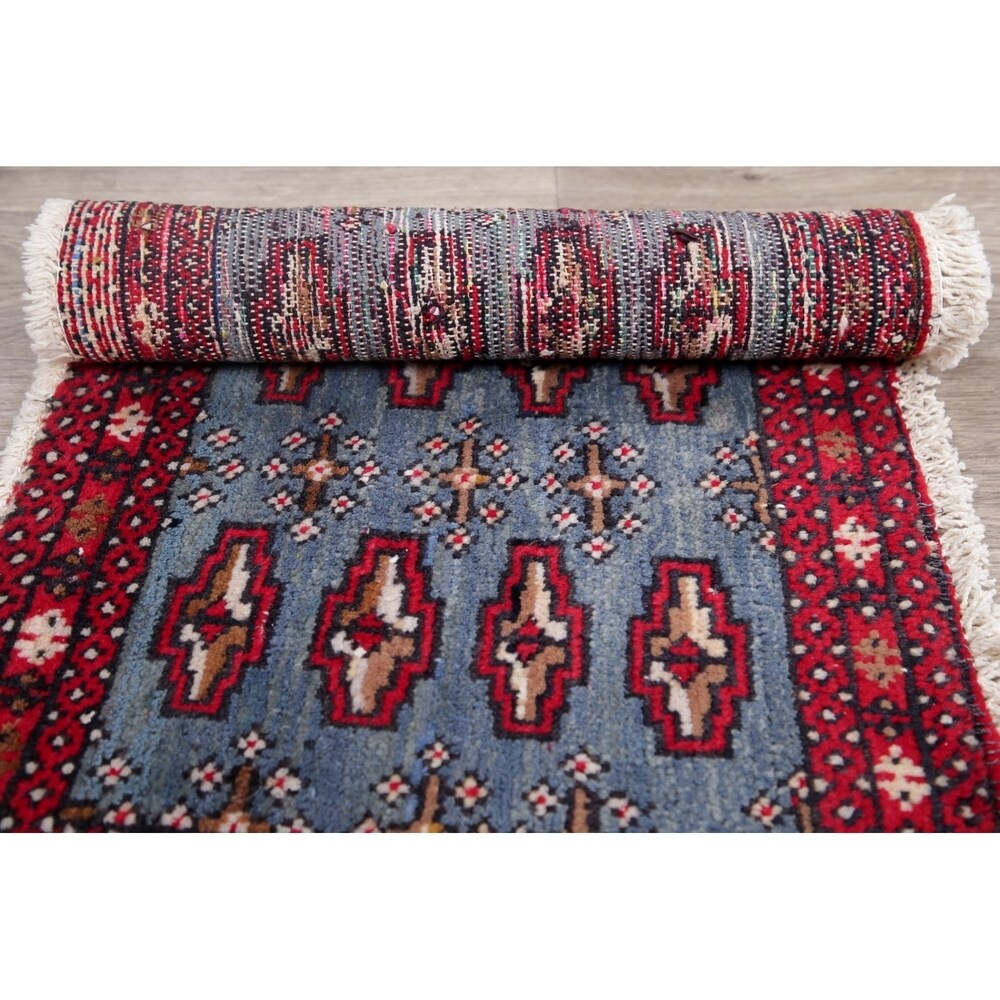 Light Blue Geometric Bokhara Oriental Wool Area Rug - 3' 5'' X 1' 6''