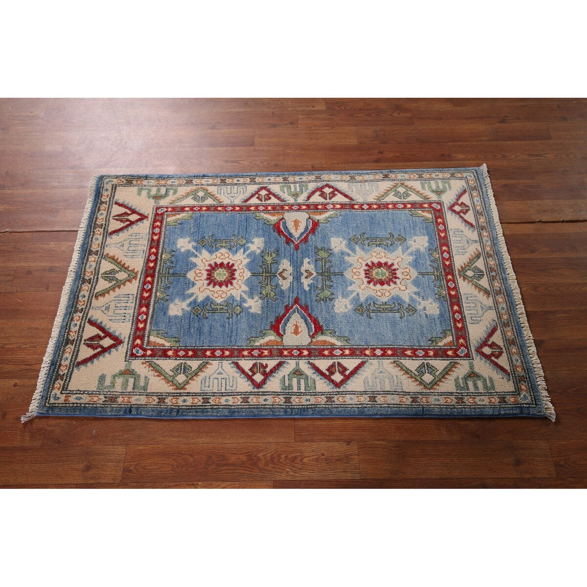 Light Blue Kazak Accent Rug Handmade Oriental Wool Carpet - 2'7" x 4'0"