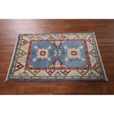 Light Blue Kazak Accent Rug Handmade Oriental Wool Carpet - 2'7" x 4'0"