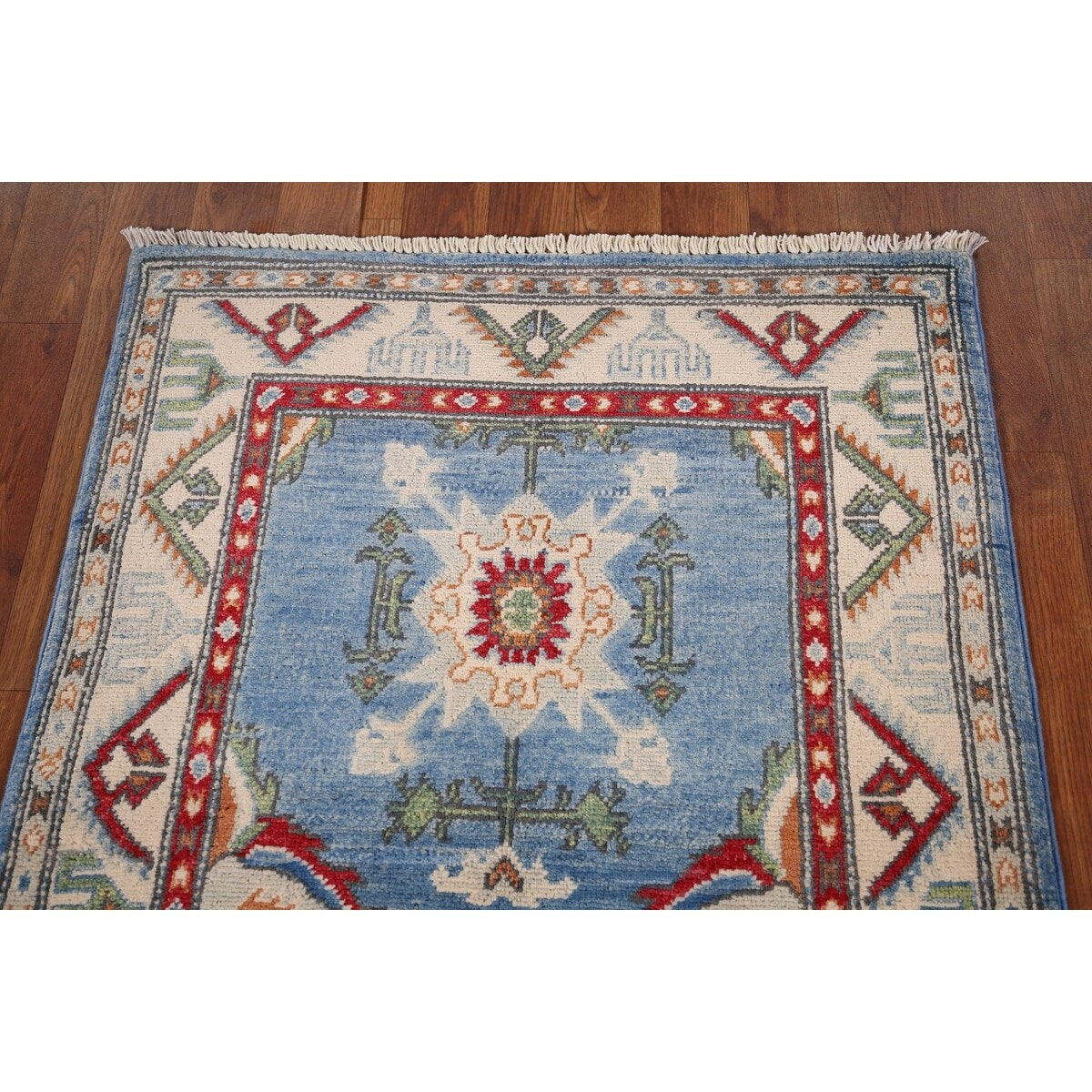 Light Blue Kazak Accent Rug Handmade Oriental Wool Carpet - 2'7" x 4'0"