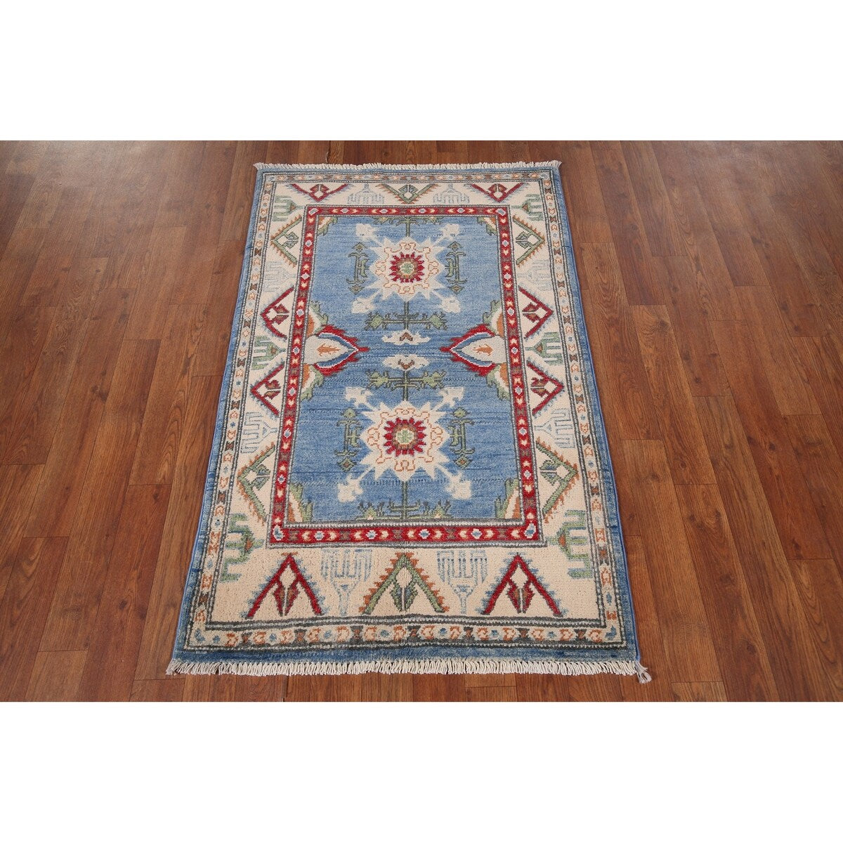 Light Blue Kazak Accent Rug Handmade Oriental Wool Carpet - 2'7" x 4'0"