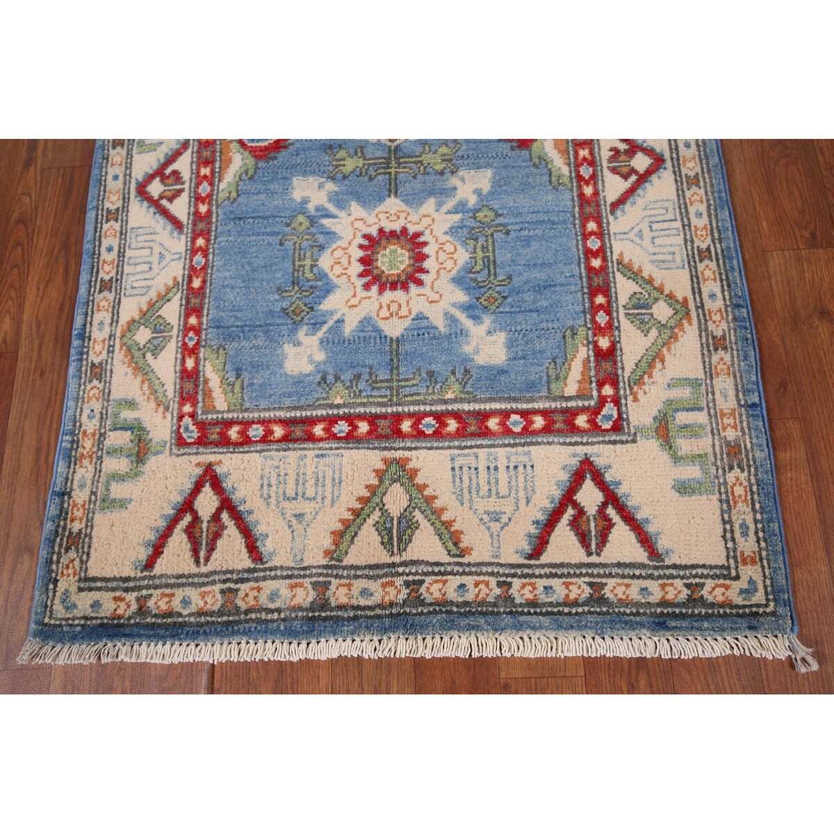 Light Blue Kazak Accent Rug Handmade Oriental Wool Carpet - 2'7" x 4'0"
