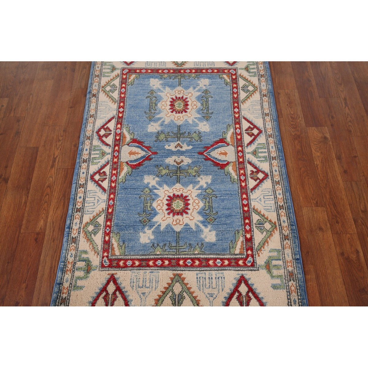 Light Blue Kazak Accent Rug Handmade Oriental Wool Carpet - 2'7" x 4'0"