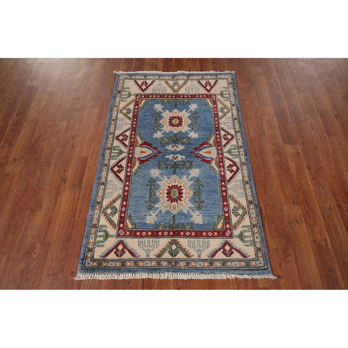 Light Blue Kazak Accent Rug Handmade Oriental Wool Carpet - 2'7" x 4'0"