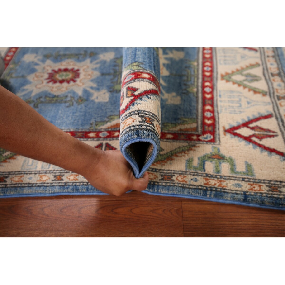 Light Blue Kazak Accent Rug Handmade Oriental Wool Carpet - 2'7" x 4'0"