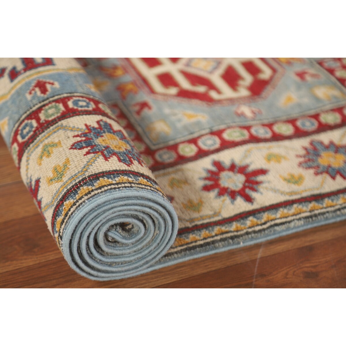 Light Blue Kazak Runner Rug Handmade Traditional Wool Carpet - 2'6" x 13'1"
