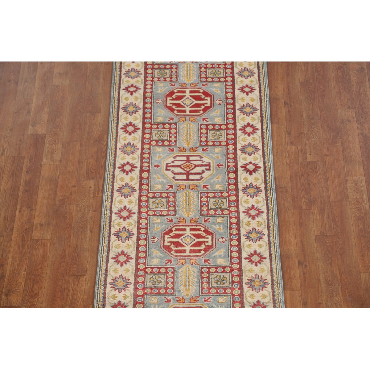 Light Blue Kazak Runner Rug Handmade Traditional Wool Carpet - 2'6" x 13'1"