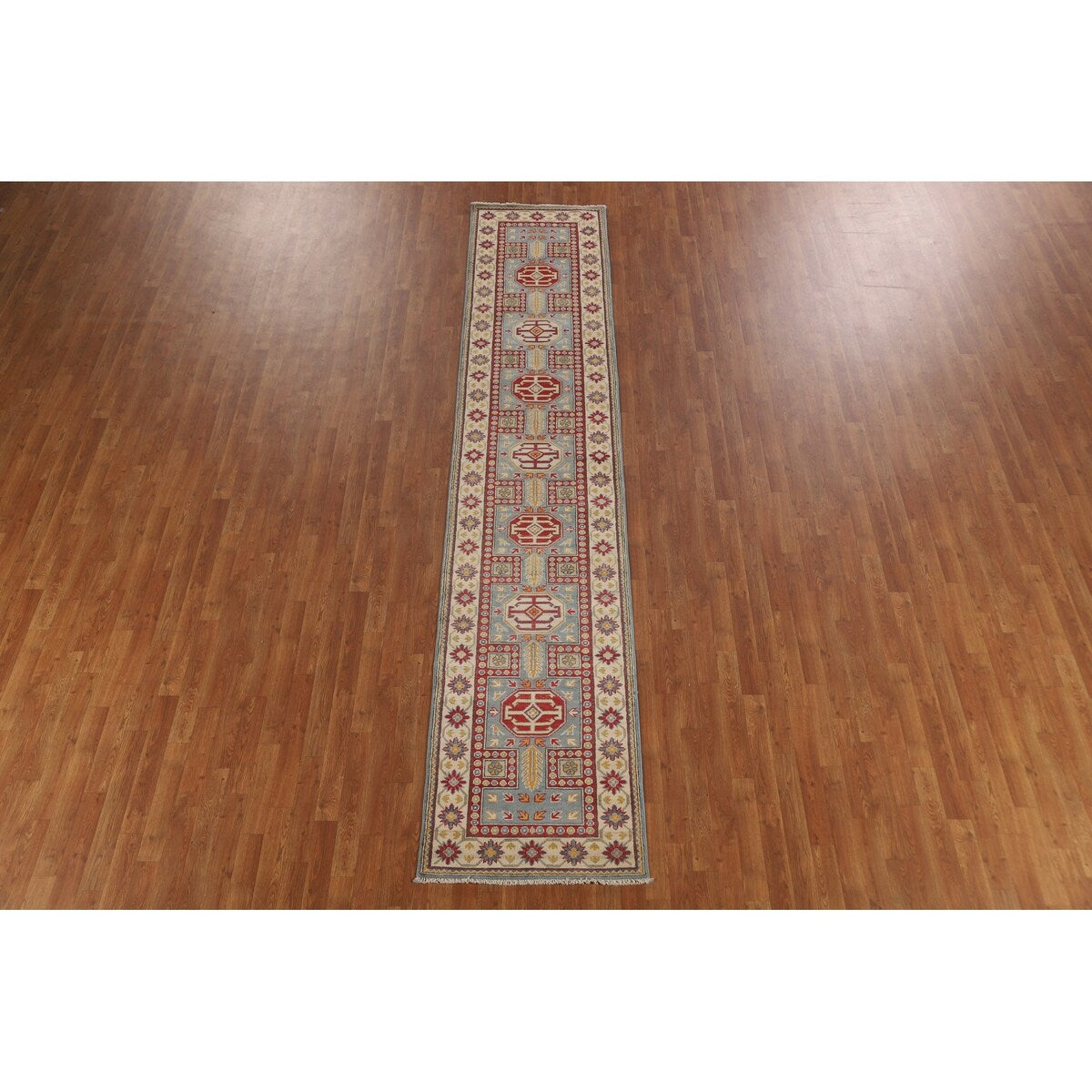 Light Blue Kazak Runner Rug Handmade Traditional Wool Carpet - 2'6" x 13'1"