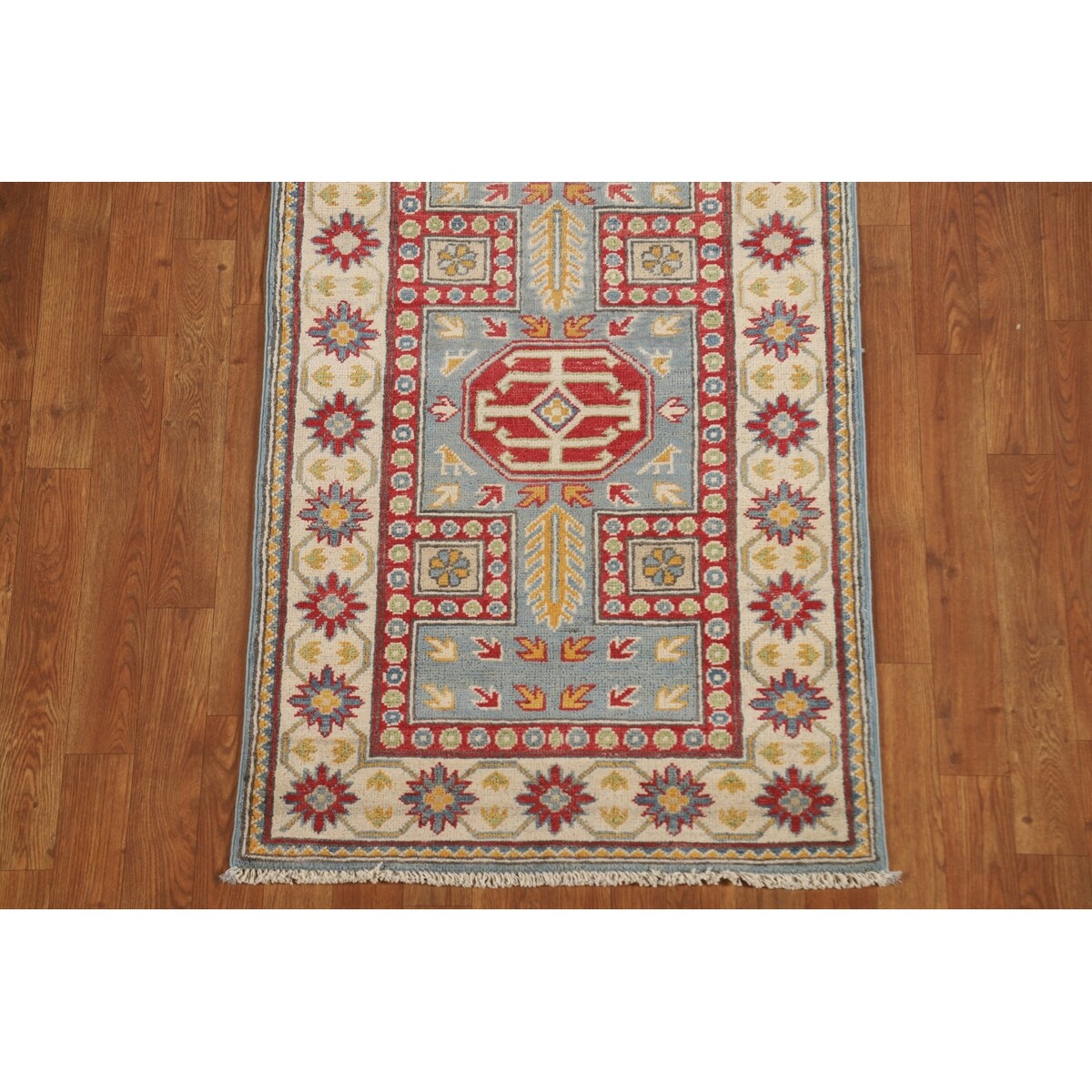 Light Blue Kazak Runner Rug Handmade Traditional Wool Carpet - 2'6" x 13'1"