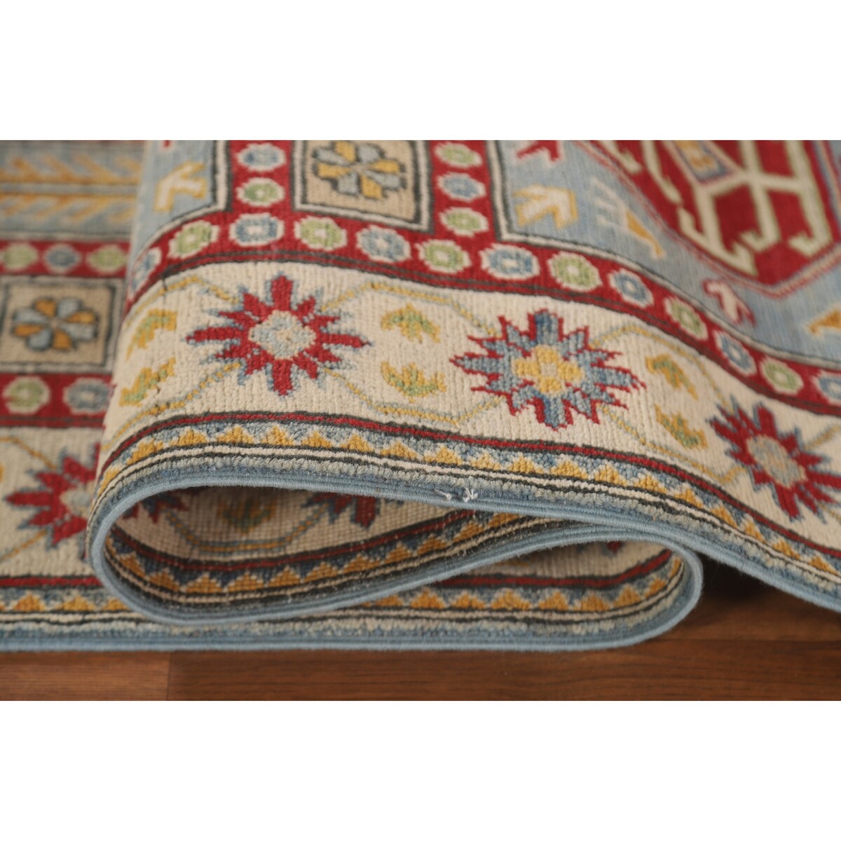 Light Blue Kazak Runner Rug Handmade Traditional Wool Carpet - 2'6" x 13'1"