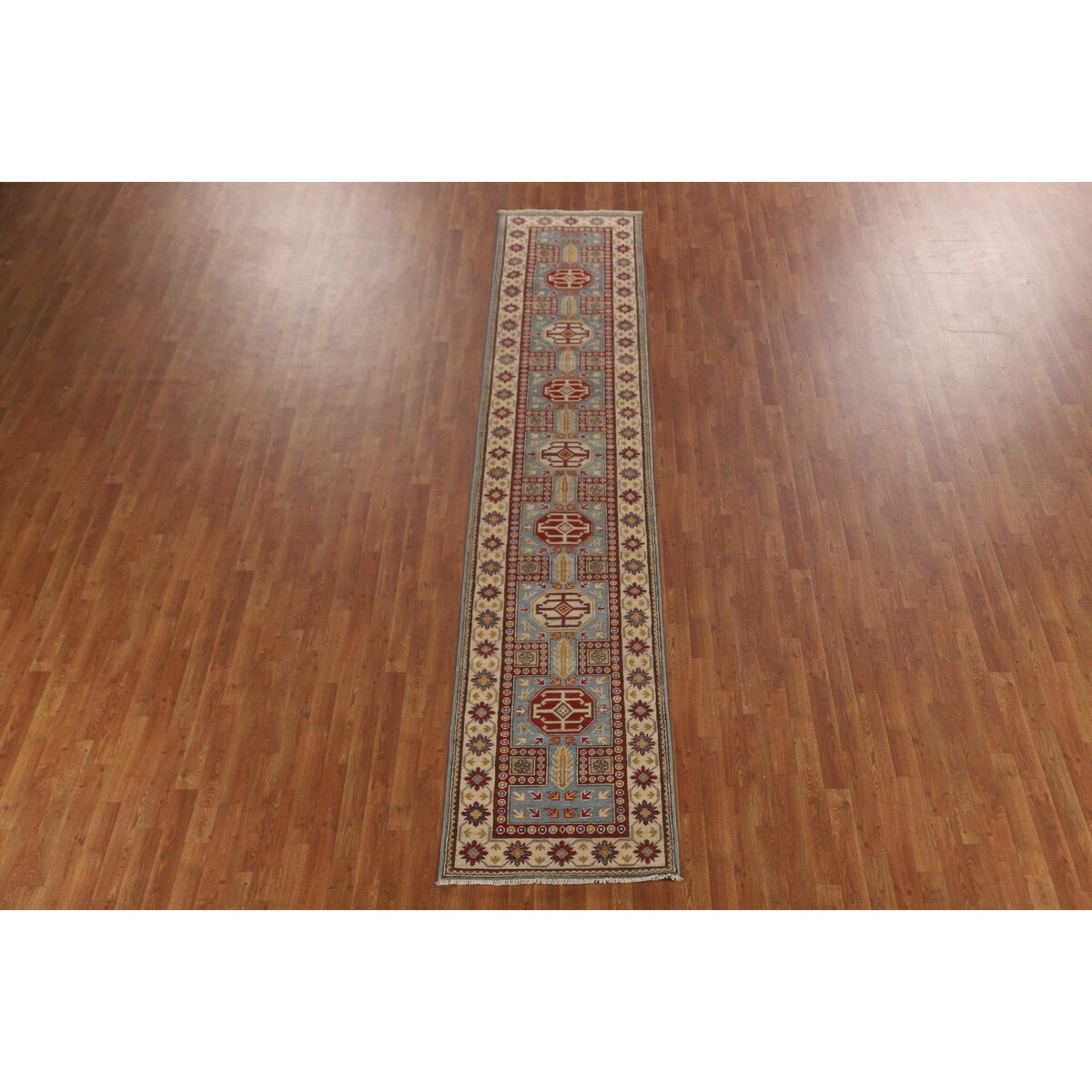 Light Blue Kazak Runner Rug Handmade Traditional Wool Carpet - 2'6" x 13'1"