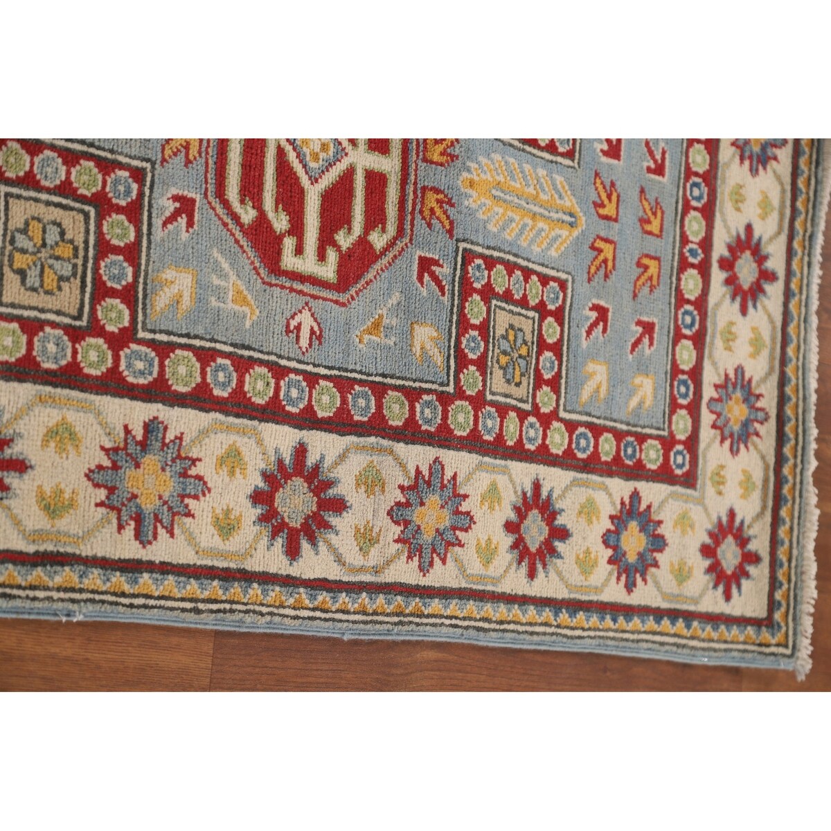 Light Blue Kazak Runner Rug Handmade Traditional Wool Carpet - 2'6" x 13'1"