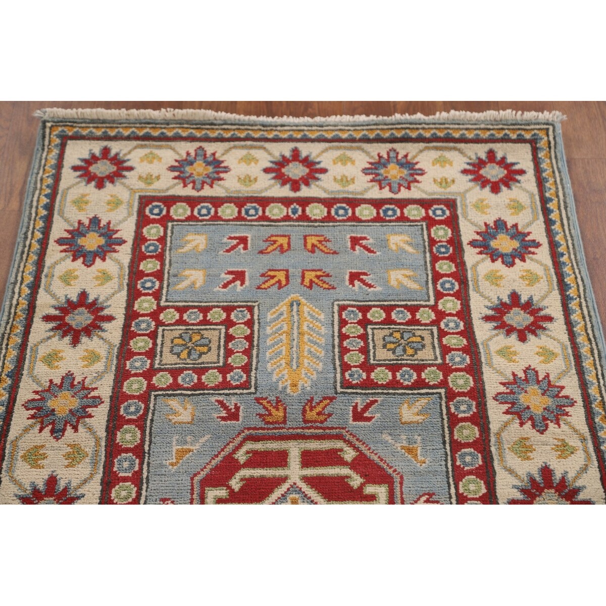 Light Blue Kazak Runner Rug Handmade Traditional Wool Carpet - 2'6" x 13'1"