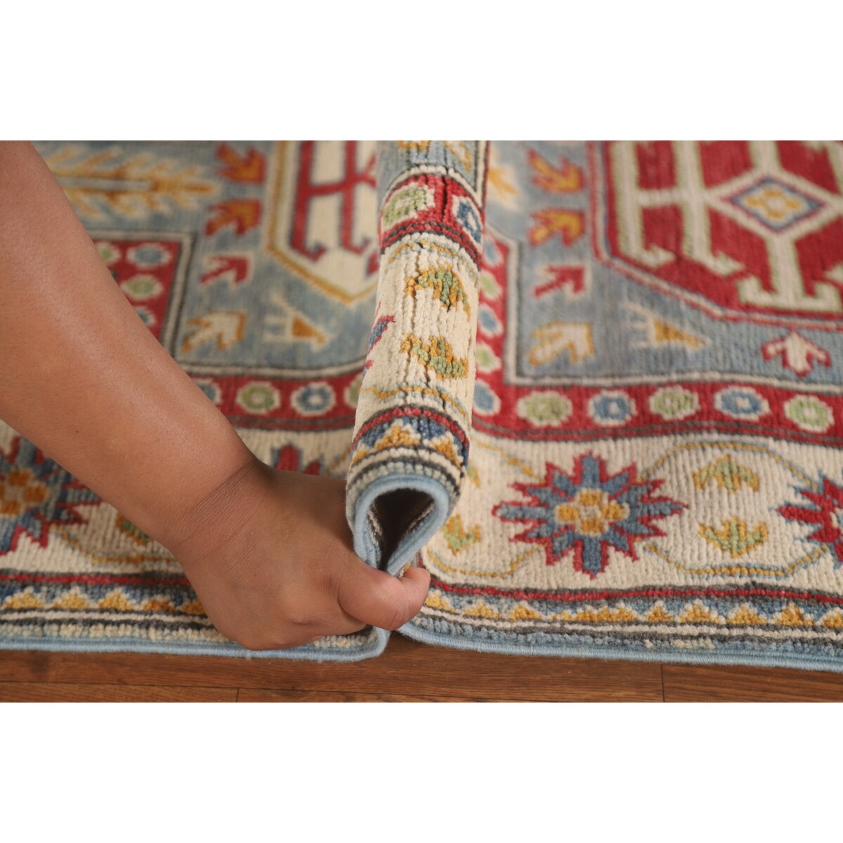 Light Blue Kazak Runner Rug Handmade Traditional Wool Carpet - 2'6" x 13'1"