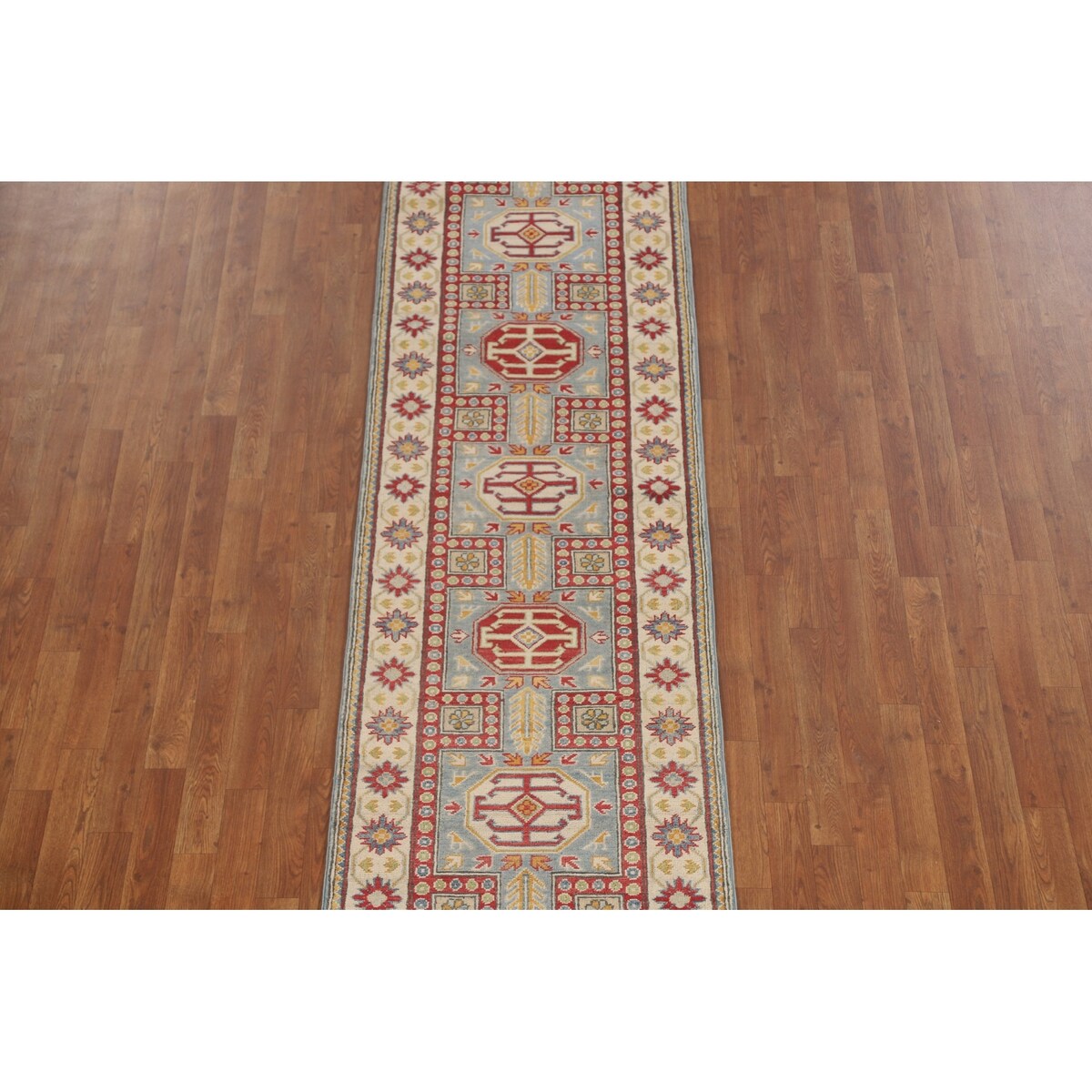 Light Blue Kazak Runner Rug Handmade Traditional Wool Carpet - 2'6" x 13'1"