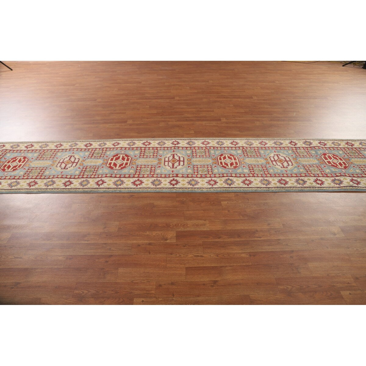 Light Blue Kazak Runner Rug Handmade Traditional Wool Carpet - 2'6" x 13'1"