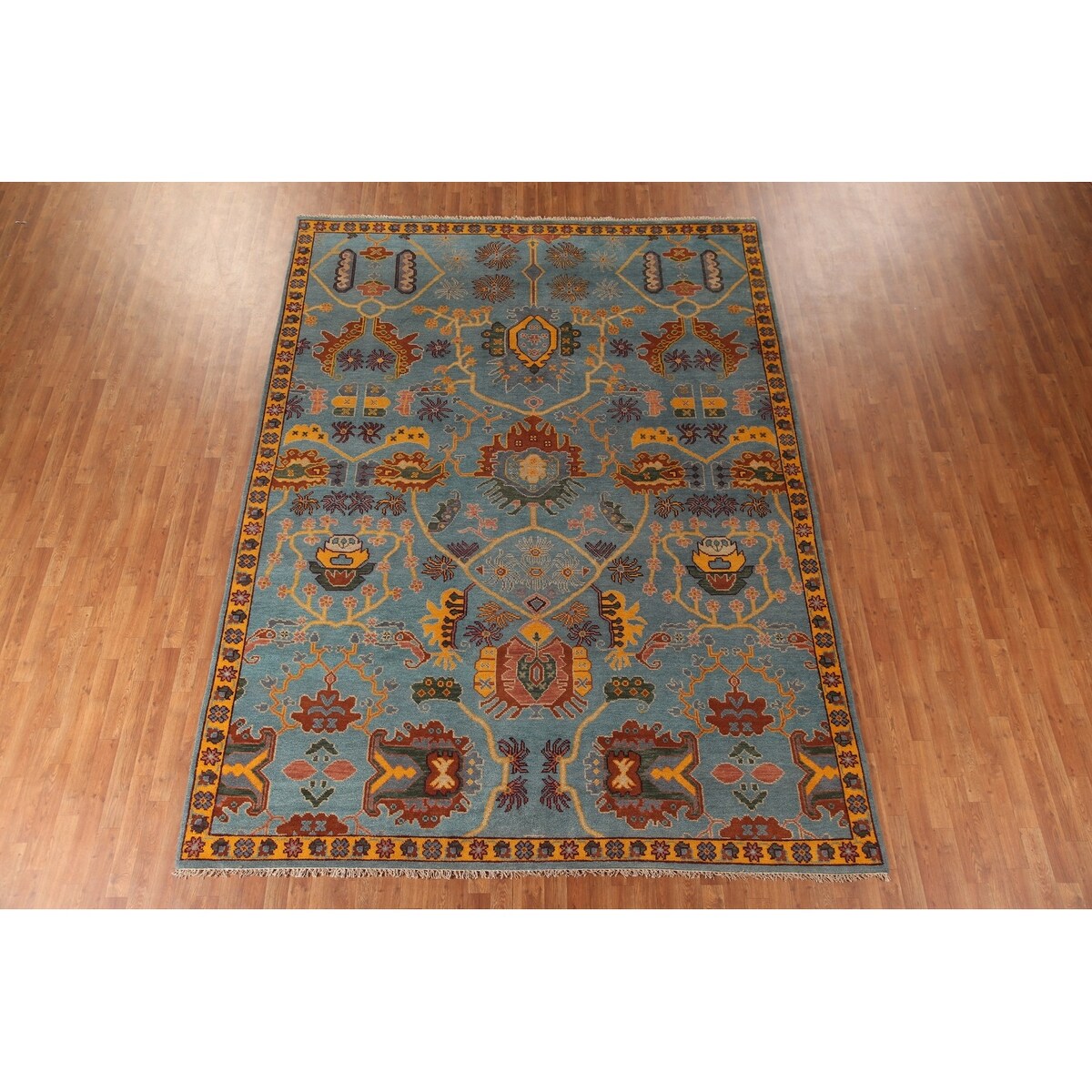 Light Blue Oushak Area Rug Hand-Knotted Oriental Wool Carpet - 8'10" x 11'10"