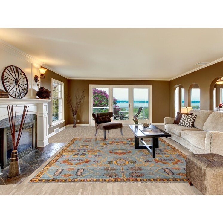 Light Blue Oushak Area Rug Hand-Knotted Oriental Wool Carpet - 8'10" x 11'10"