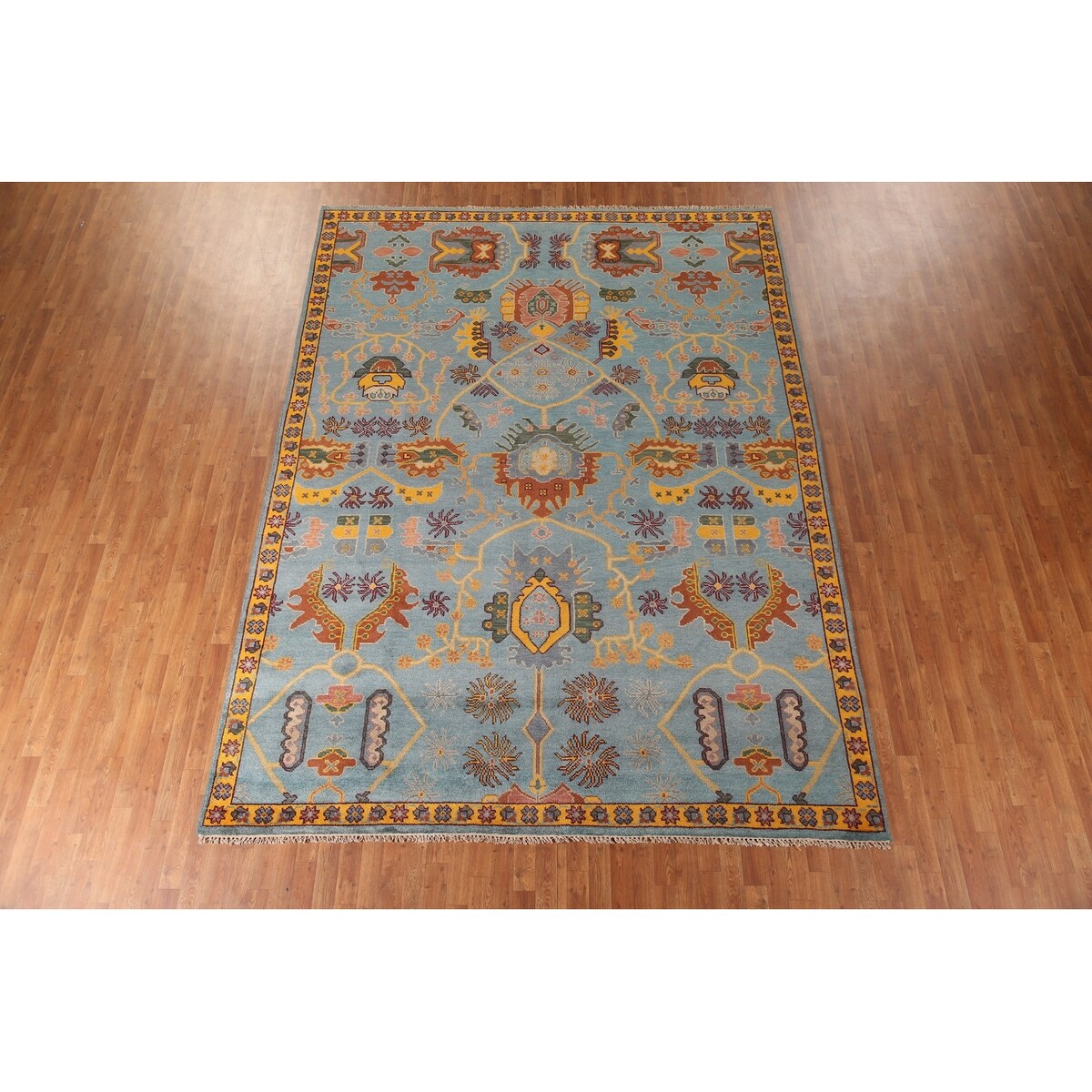 Light Blue Oushak Area Rug Hand-Knotted Oriental Wool Carpet - 8'10" x 11'10"