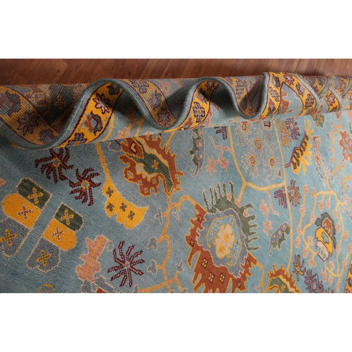 Light Blue Oushak Area Rug Hand-Knotted Oriental Wool Carpet - 8'10" x 11'10"