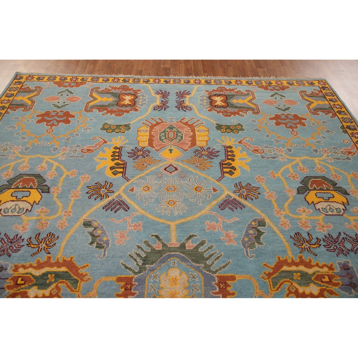 Light Blue Oushak Area Rug Hand-Knotted Oriental Wool Carpet - 8'10" x 11'10"