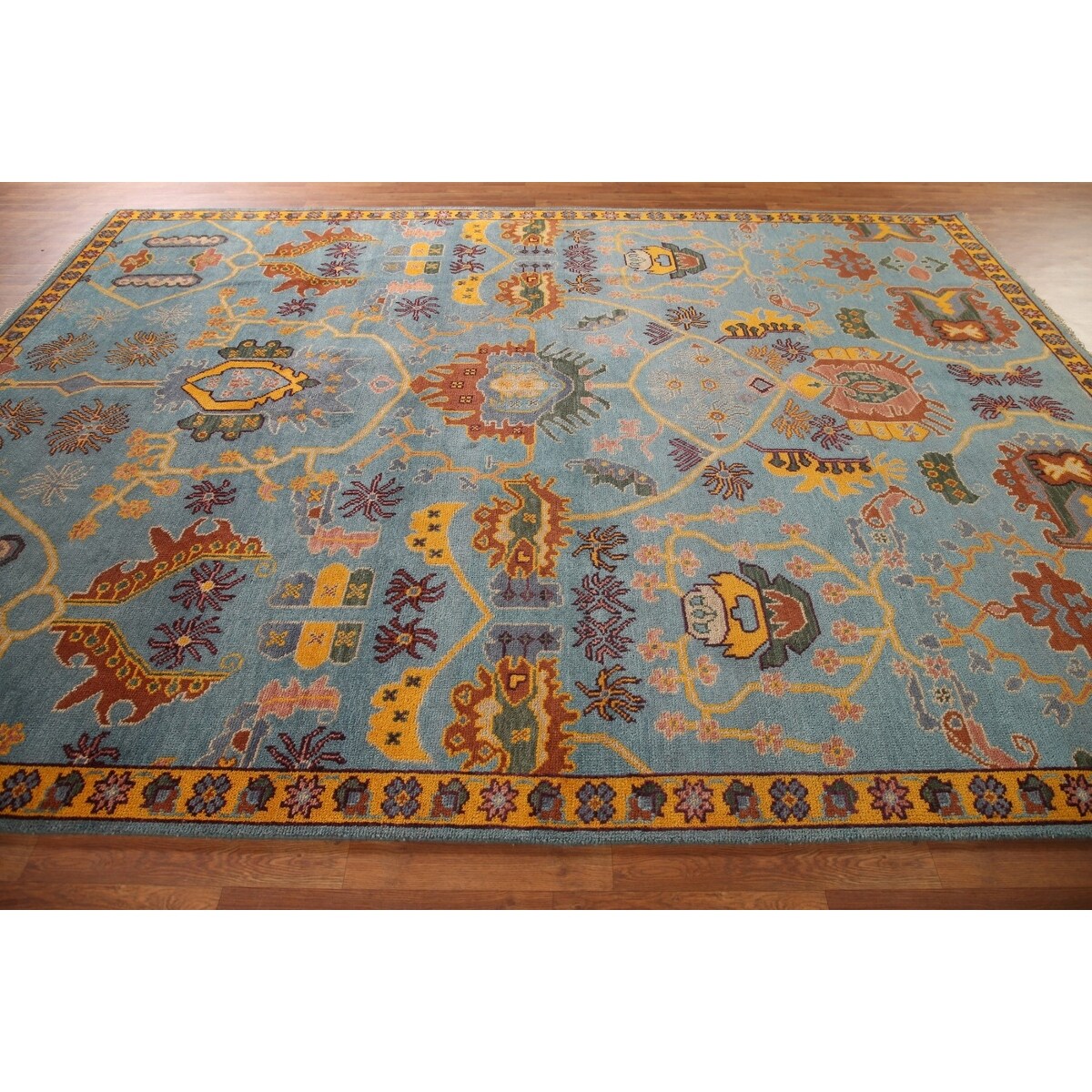 Light Blue Oushak Area Rug Hand-Knotted Oriental Wool Carpet - 8'10" x 11'10"