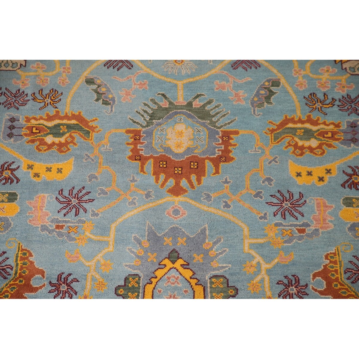 Light Blue Oushak Area Rug Hand-Knotted Oriental Wool Carpet - 8'10" x 11'10"