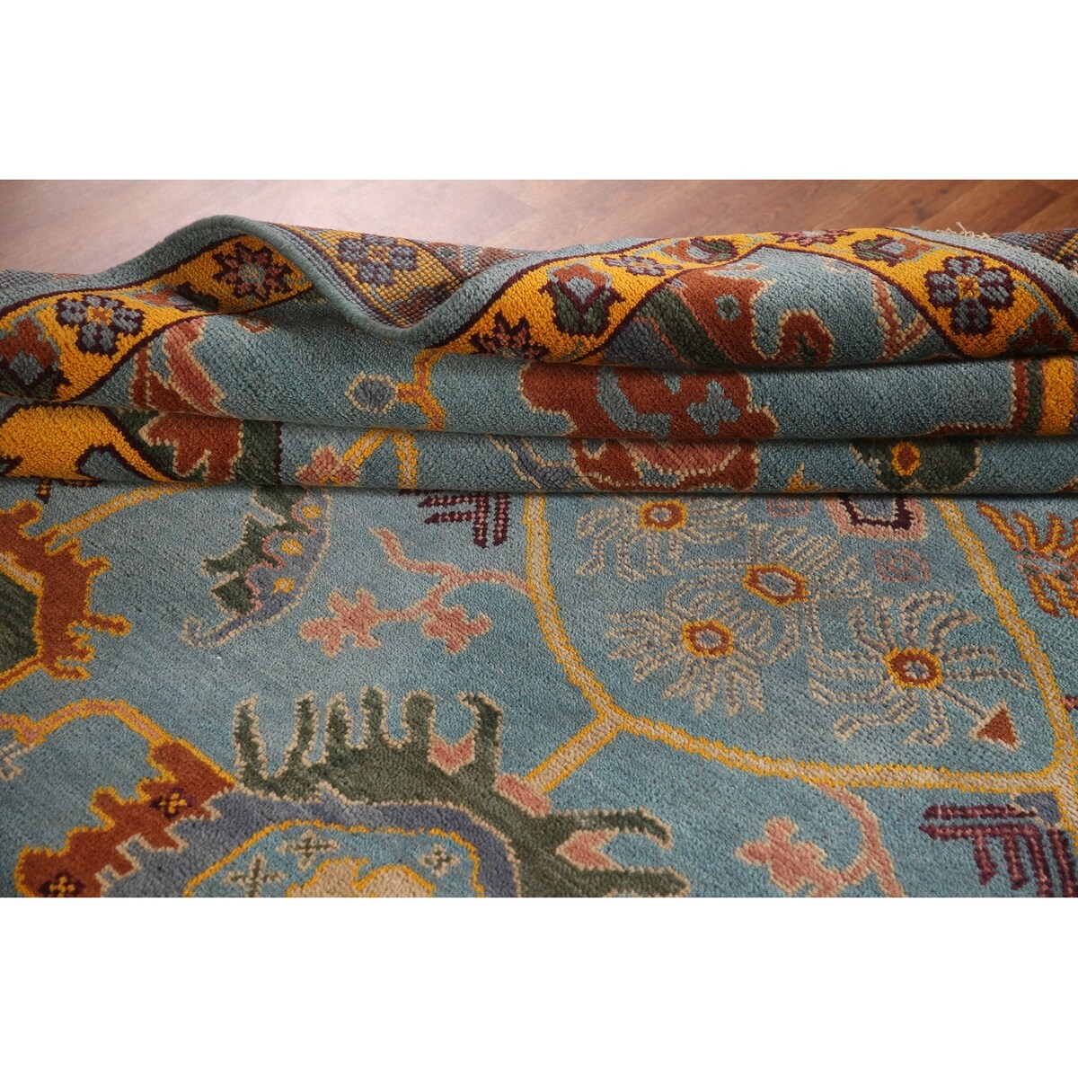 Light Blue Oushak Area Rug Hand-Knotted Oriental Wool Carpet - 8'10" x 11'10"