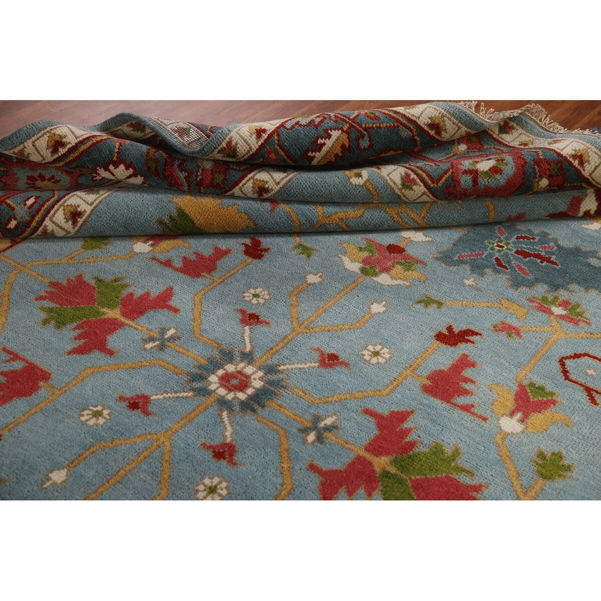 Light Blue Oushak Area Rug Handmade Oriental Wool Carpet - 8'9"x 12'0"