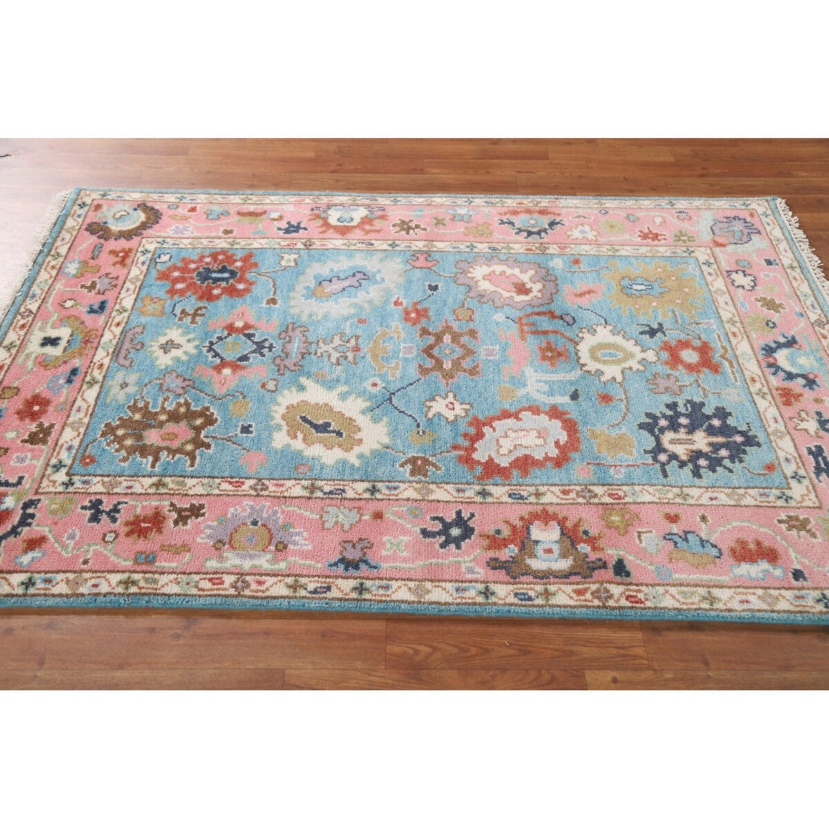 Light Blue Oushak Indian Rug Hand-Knotted Wool Carpet - 3'11"x 5'10"