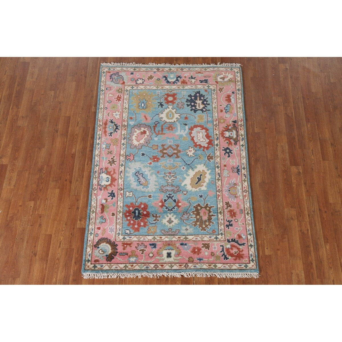 Light Blue Oushak Indian Rug Hand-Knotted Wool Carpet - 3'11"x 5'10"