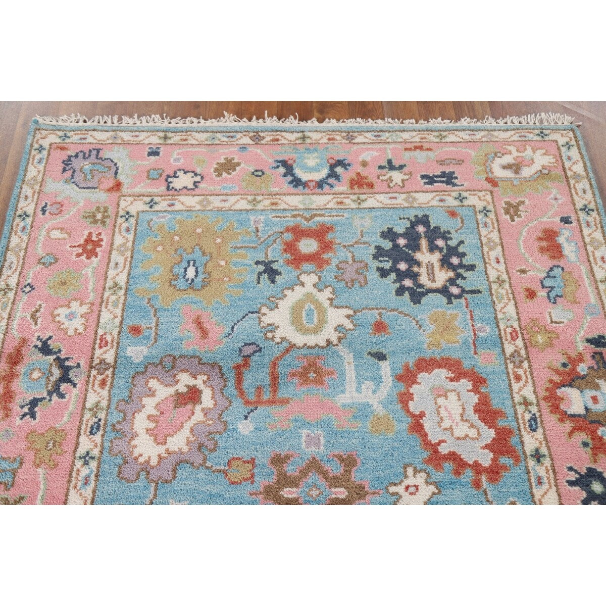 Light Blue Oushak Indian Rug Hand-Knotted Wool Carpet - 3'11"x 5'10"