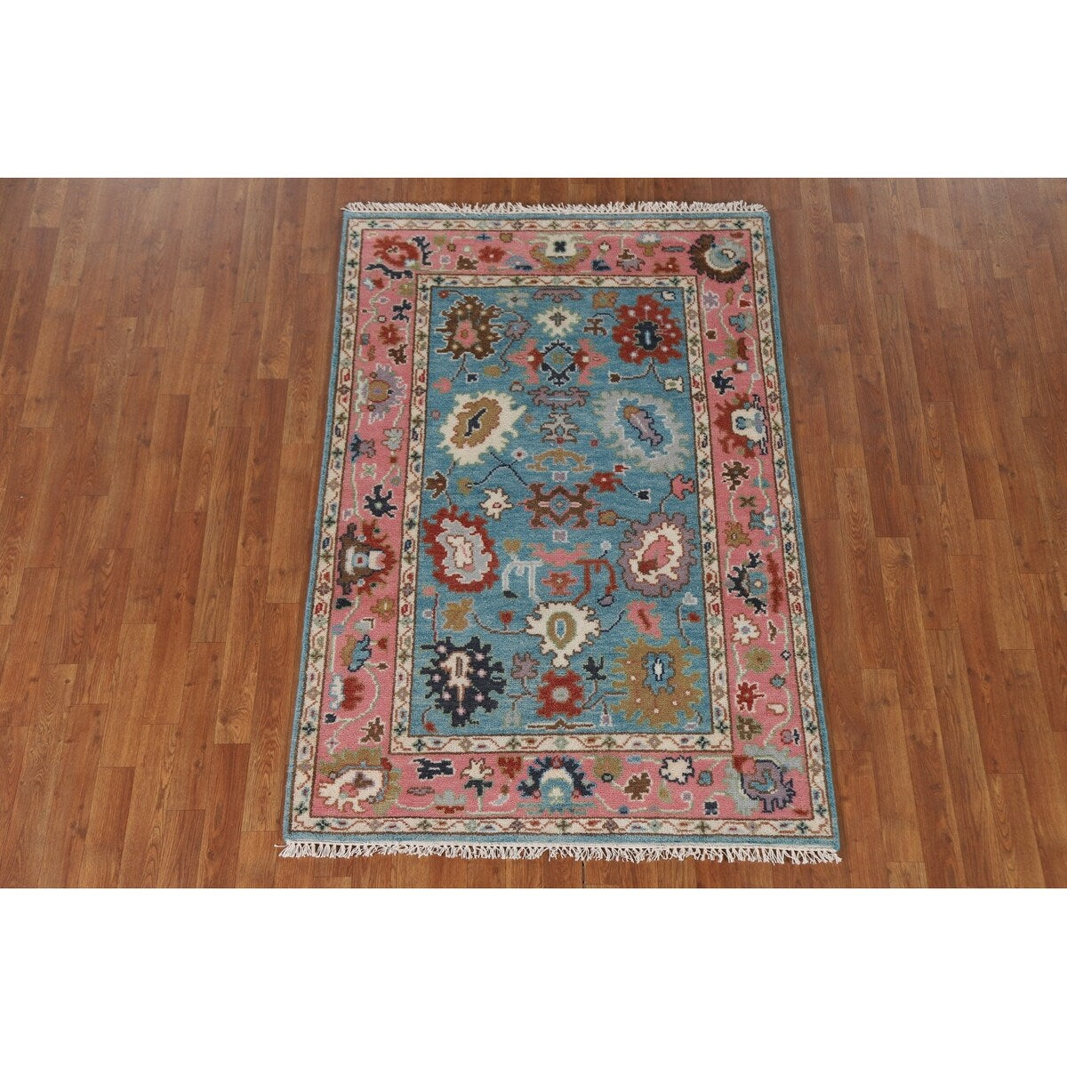 Light Blue Oushak Indian Rug Hand-Knotted Wool Carpet - 3'11"x 5'10"