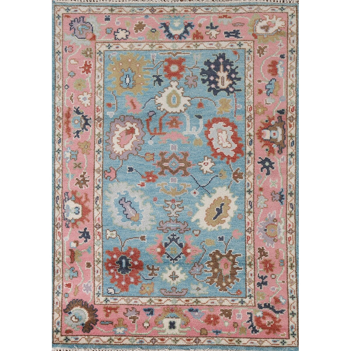 Light Blue Oushak Indian Rug Hand-Knotted Wool Carpet - 3'11"x 5'10"