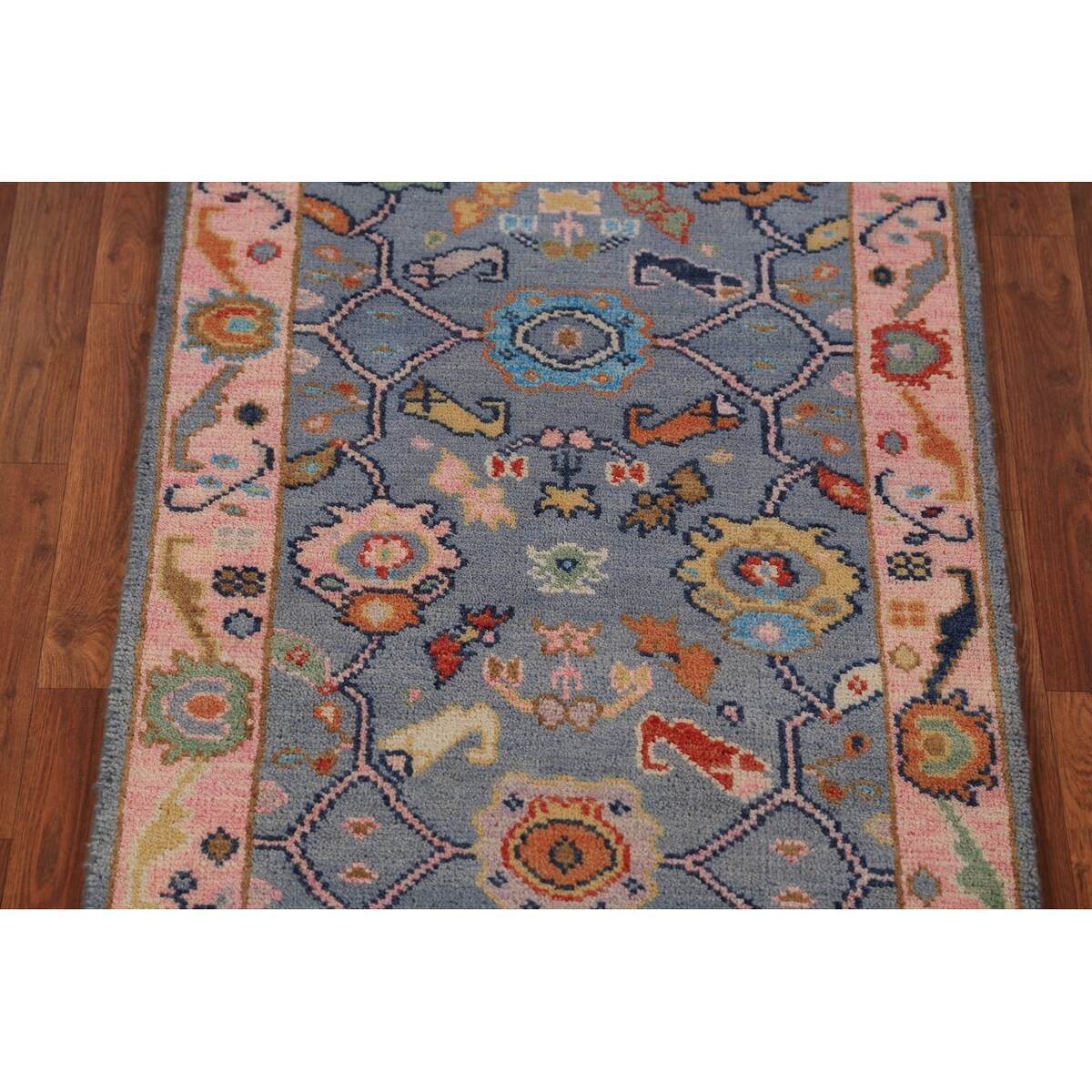 Light Blue Oushak Runner Rug Handmade Wool Carpet - 2'7"x 7'8"