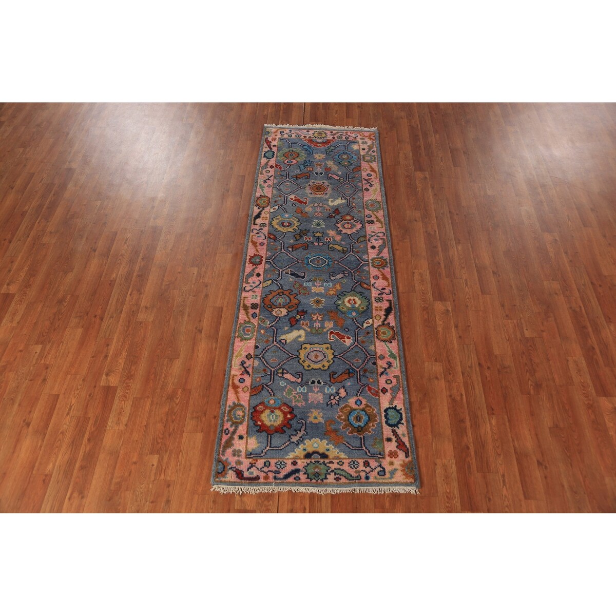 Light Blue Oushak Runner Rug Handmade Wool Carpet - 2'7"x 7'8"