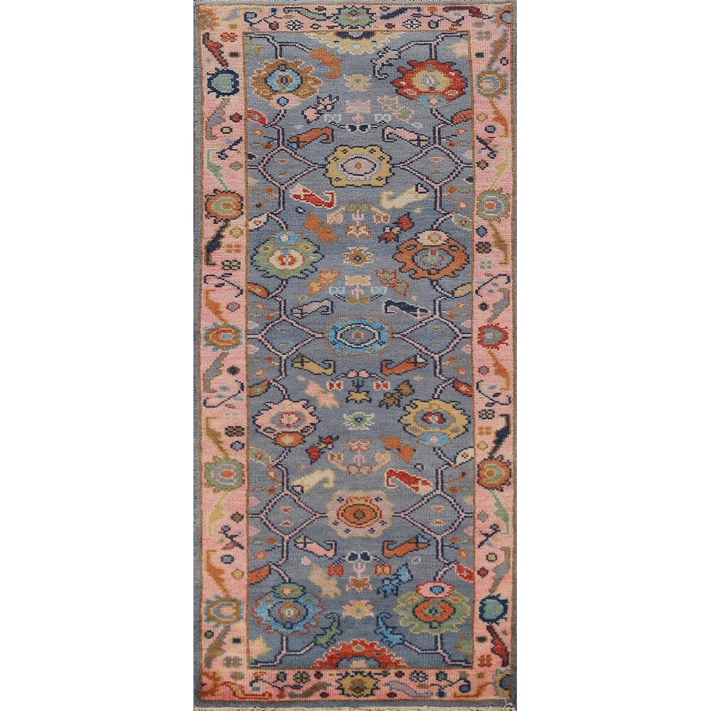 Light Blue Oushak Runner Rug Handmade Wool Carpet - 2'7"x 7'8"