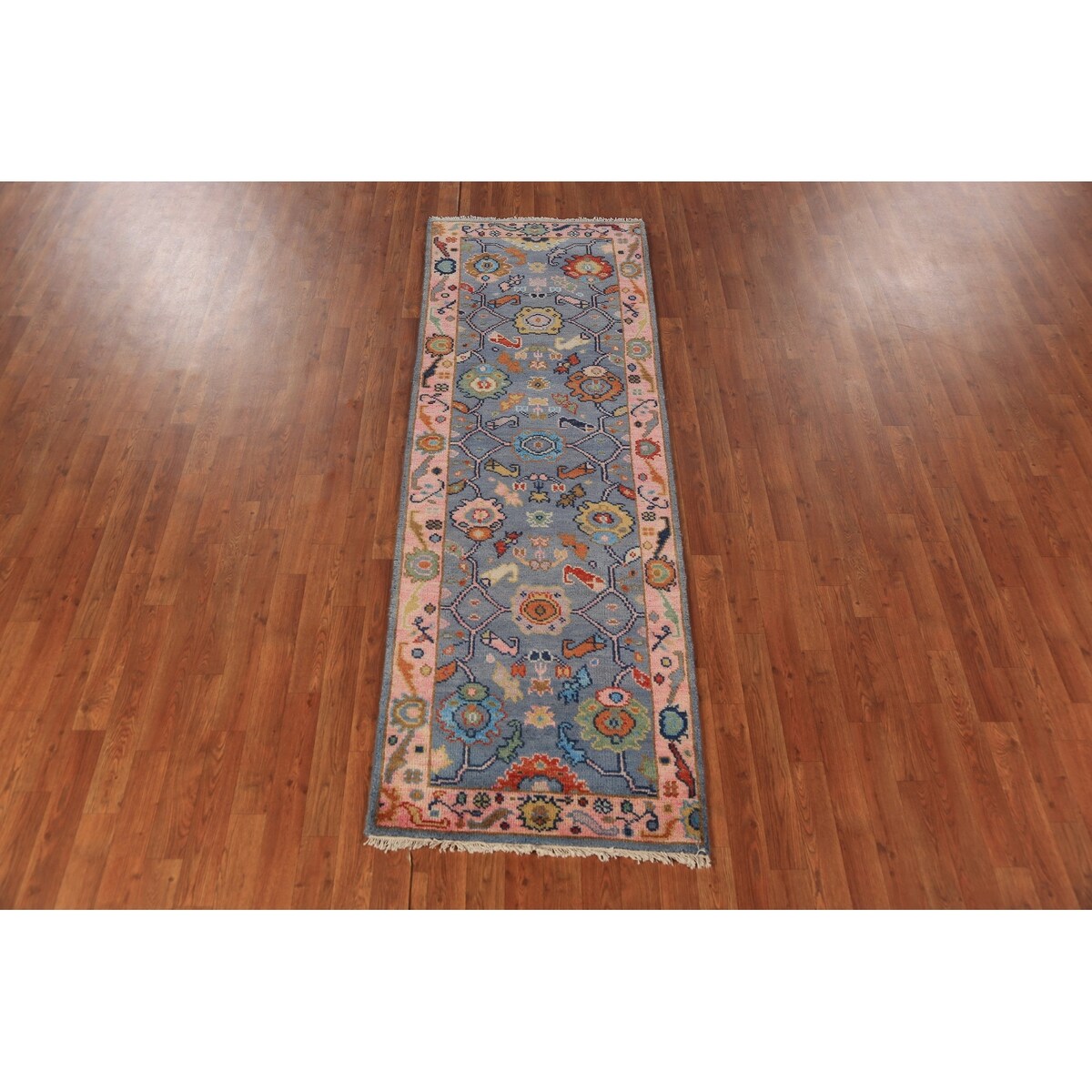 Light Blue Oushak Runner Rug Handmade Wool Carpet - 2'7"x 7'8"