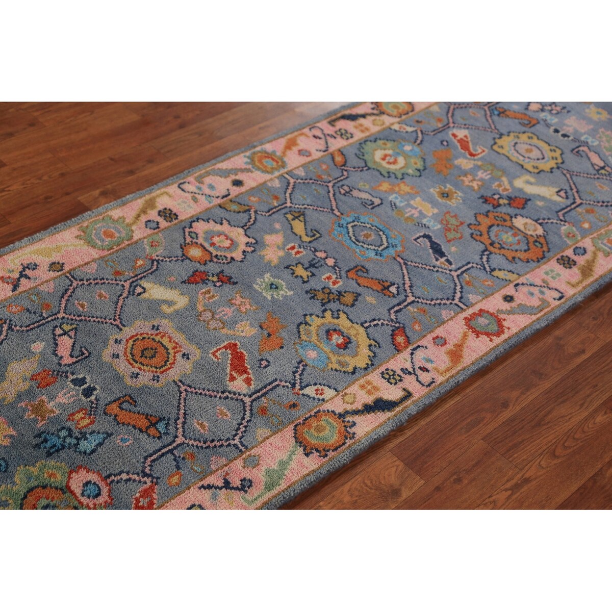 Light Blue Oushak Runner Rug Handmade Wool Carpet - 2'7"x 7'8"