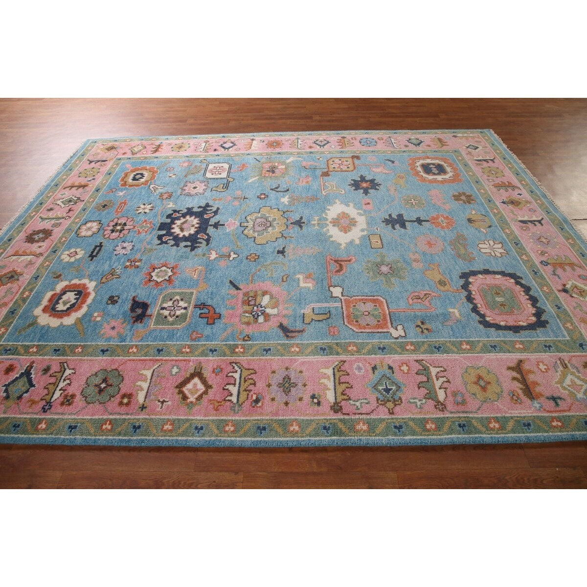 Light Blue & Pink Oushak Oriental Area Rug Wool Carpet - 7'10"x 9'9"