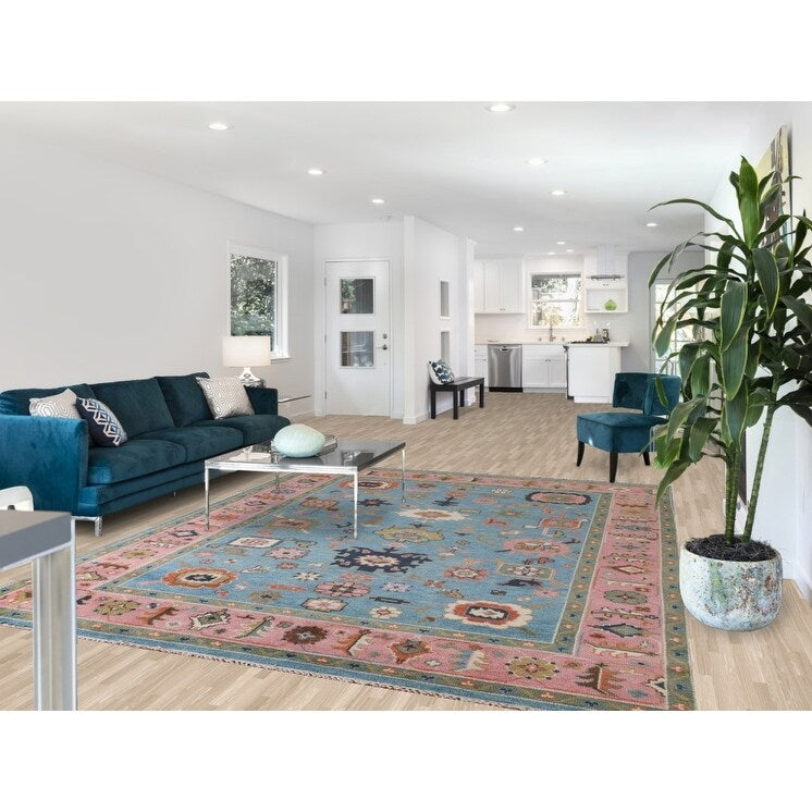 Light Blue & Pink Oushak Oriental Area Rug Wool Carpet - 7'10"x 9'9"