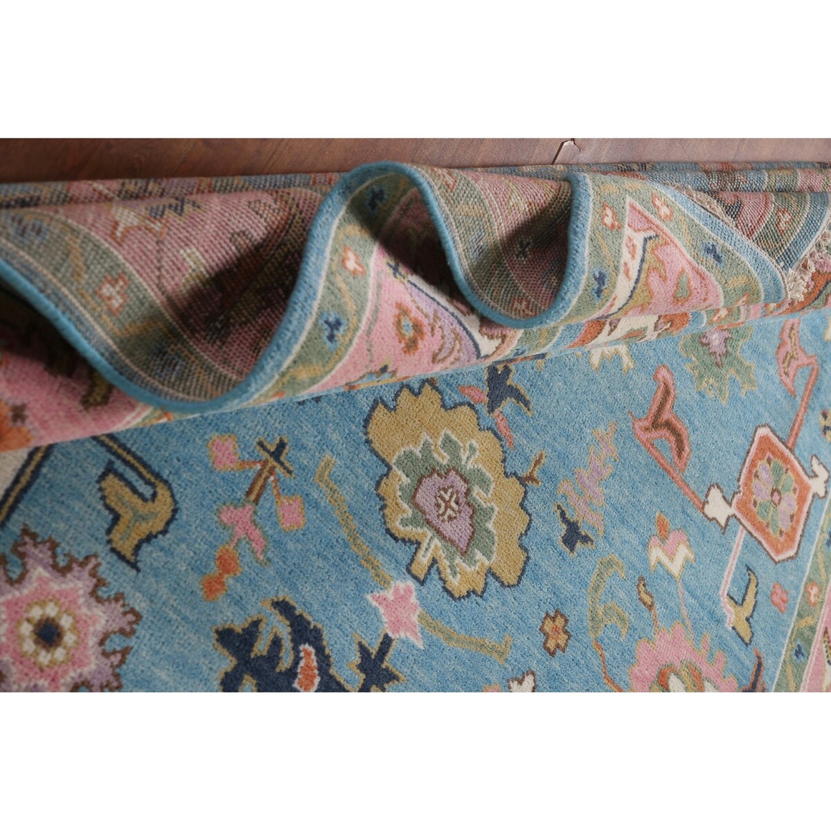 Light Blue & Pink Oushak Oriental Area Rug Wool Carpet - 7'10"x 9'9"