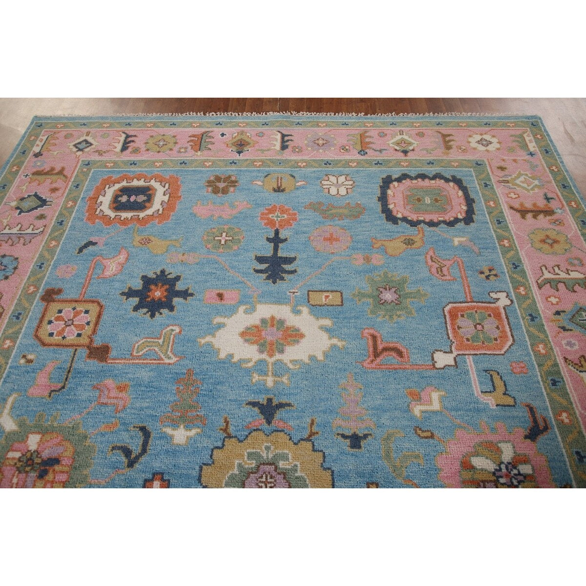 Light Blue & Pink Oushak Oriental Area Rug Wool Carpet - 7'10"x 9'9"