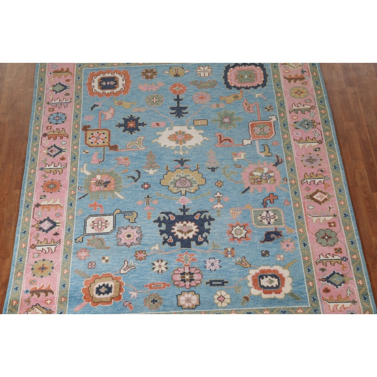 Light Blue & Pink Oushak Oriental Area Rug Wool Carpet - 7'10"x 9'9"